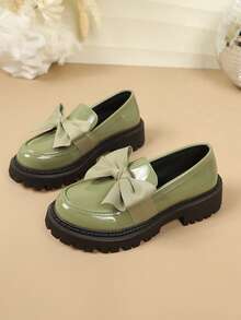 Plus Size Women's Green Thick Sole Chunky Heel Loafers With Large Bow Decor, Round Toe Low-Top Sweet Cool Academy Style Spring Autumn Shoes - Dark Green Bow - View 2