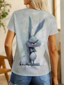 Fun Design With Cartoon Rabbit Print, Casual And Elegant Style, Fashionable Women's Top, Comfortable Round Neck T-Shirt For Women, A Great Gift Choice. - Apricot - View 7