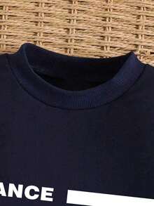 Young Boy Letter Print Crew Neck Long Sleeve Top And Pants Set - Royal Blue - View 3