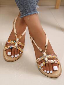 Beaded Flat Solid Color Flat Sandals - Apricot - View 7
