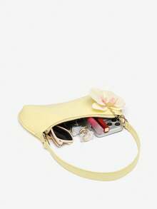 1pc Women's Vintage Minimalist Casual Metal Handle Decorated Faux Straw Flower Multi-Ornament Large Capacity Crescent Handbag Suitable For Outings, Dates, Commuting, Vacation - Yellow - View 5