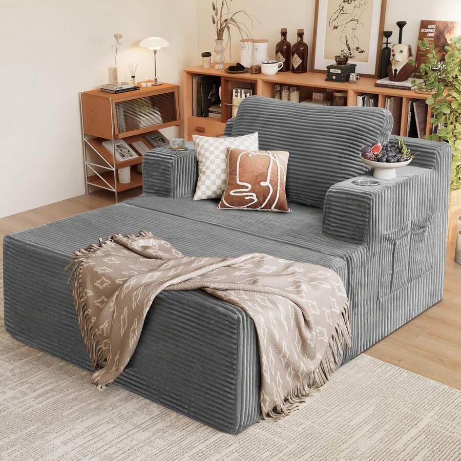Oversized Chaise Lounge Chair, Cloud Couch With Fluffy Upholstered, Deep Seat Sleeper Sofa Bed With Two Cup Holders, Comfy Boneless Couch No Assembly - Black - View 1