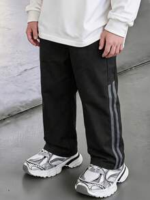 1pc Boys' Simple Double Stripe Straight Leg Casual Long Pants, Loose Fit Design, Versatile All-Match Style For Daily, School, Home And Outings - Black - View 1