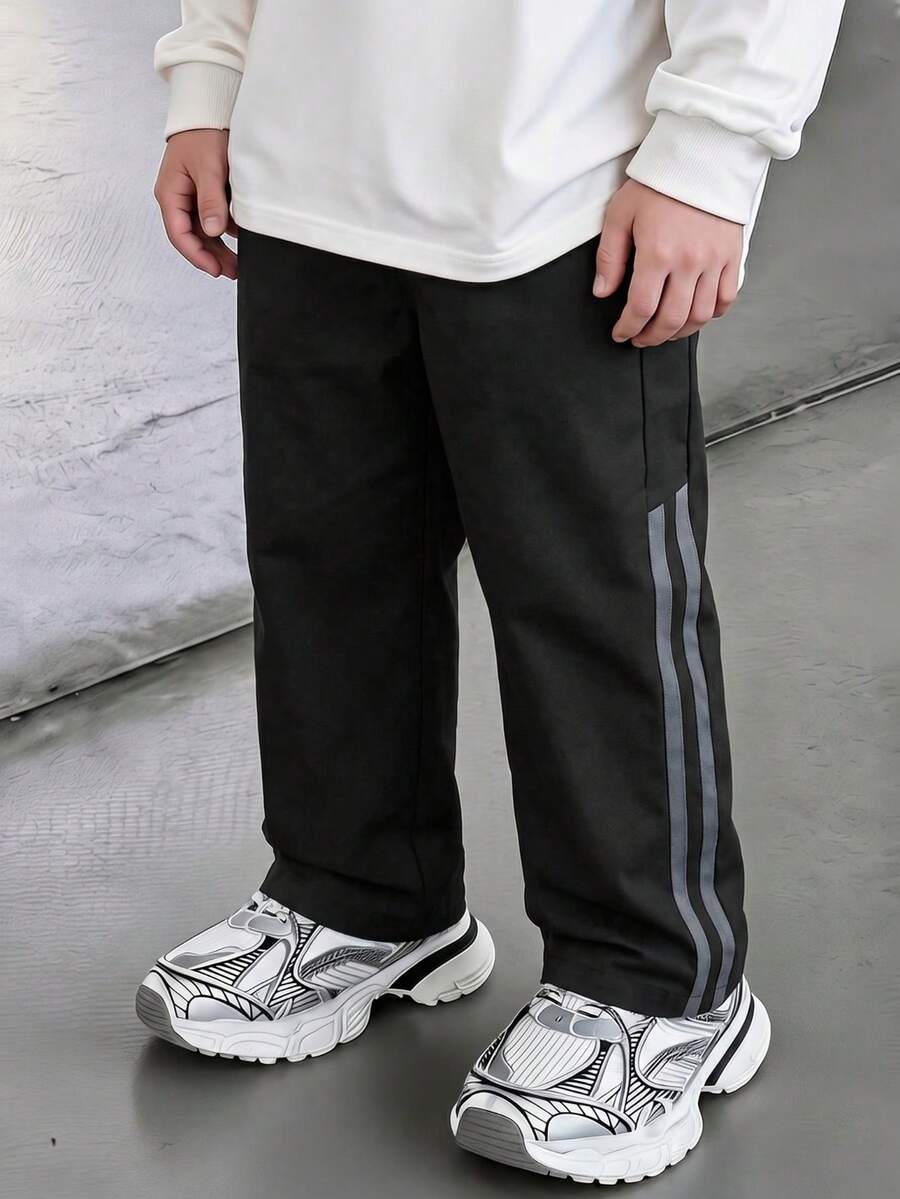 1pc Boys' Simple Double Stripe Straight Leg Casual Long Pants, Loose Fit Design, Versatile All-Match Style For Daily, School, Home And Outings - Black - View 1