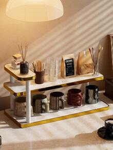 1 pieza Estante de almacenamiento multifuncional de escritorio, soporte de exhibición multiusos, soporte para tazas, estante para perfumes, estante para especias, soporte para pasteles, adecuado para tazas de agua, tazas de café, juego de té, escritorio de oficina, barra de café, decoración del hogar y cocina - Multicapa de oro - Ver 8