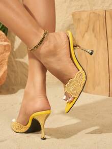 Sandalias de tacón alto para mujer con punta fina, color amarillo jengibre, forma de abanico, malla de encaje y adornos de strass, tacón tipo copa de vino, cómodas y premium, para discoteca, actividades al aire libre, zapatos de dama de honor para boda, zapatos de tacón alto para fiestas de sociedad y banquetes - Amarillo Mostaza - Ver 5