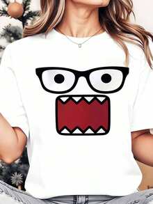 Women's Crew Neck T-Shirt With Monster Face Print, Casual Halloween Clothing, 220g, Women's Blouses - 白色 - 查看 1