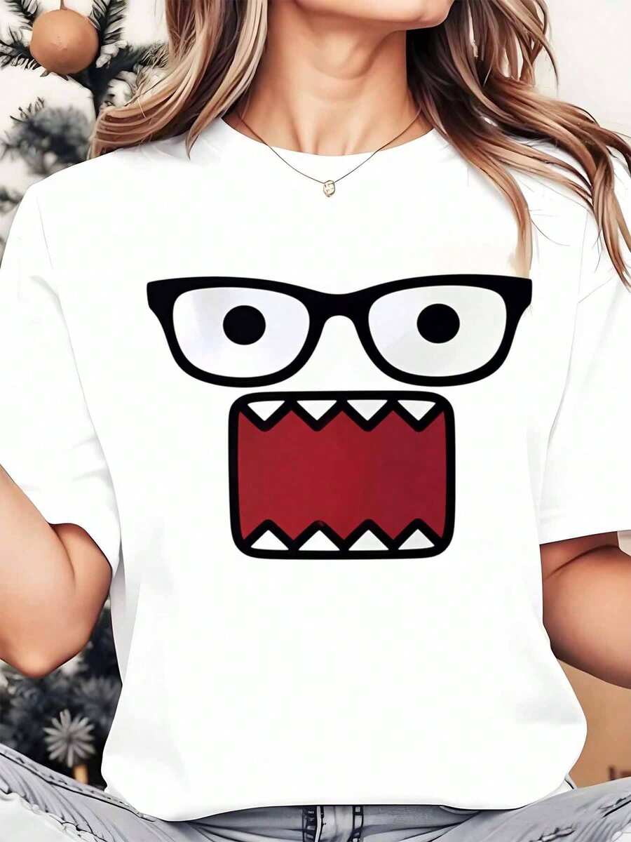 Women's Crew Neck T-Shirt With Monster Face Print, Casual Halloween Clothing, 220g, Women's Blouses - 白色 - 查看 1