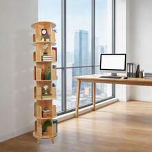 GDAE10 Drehbares Bücherregal, 360° Display, Standregal mit 6 Ebenen, Multifunktionales Bücherregal Aufbewahrungsregal, für Schlafzimmer Wohnzimmer , Aufbewahrungsregal für Kinder und Erwachsene - Holzfarbe - Übersicht 2