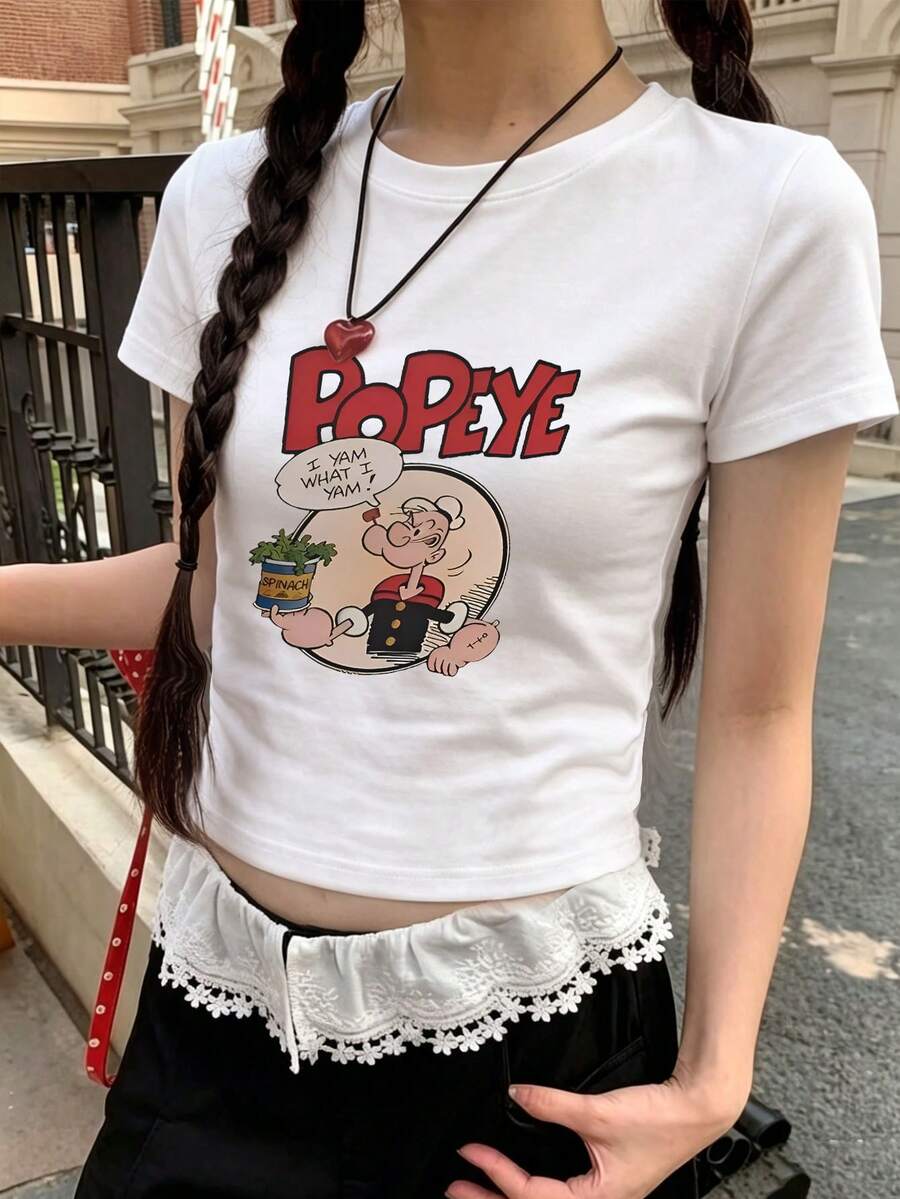 女士简约白色罗纹休闲街头风度假性感甜美修身卡通趣味印花T恤,夏季 - 白色 - 查看 1