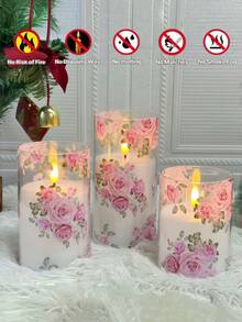 3入裝玫瑰LED無焰柱狀蠟燭，電池驅動，不含電池，適用於居家、婚禮、臥室、房間、聖誕節、情人節裝飾，尺寸 3*4 英吋 (5英吋/6英吋) - 暖白色 - 查看 2