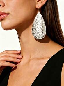 1 Pair Women's Fashion Minimalist Versatile Oversized Geometric Round Mesh Metallic Pendant Earrings - Silver Water Droplets - View 4