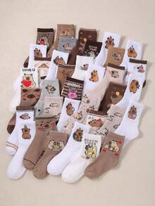 20 Pairs College Style Y2K Capybara Pattern Mid-Calf Socks, Fun Cartoon Animal Pattern Aesthetic Mid-Calf Socks, Suitable For School Daily Wear - Multicolor - View 3