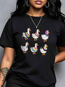 Camiseta vintage de manga corta para mujer, talla grande, con estampado de patos y diseño de arcoíris, ideal para un look informal en primavera y verano, 220 g. - Negro - Ver 1