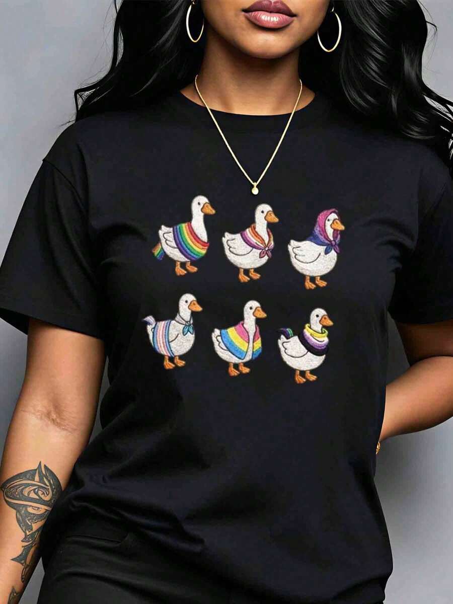 Camiseta vintage de manga corta para mujer, talla grande, con estampado de patos y diseño de arcoíris, ideal para un look informal en primavera y verano, 220 g. - Negro - Ver 1