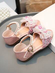 1 Pair Girls' Rhinestone Princess Sandals With Faux Pearl Bow, Soft Sole, Versatile Casual Princess Shoes For Little And Middle Girls, Suitable For School, Commuting, Travel And Leisure - Pink - View 5