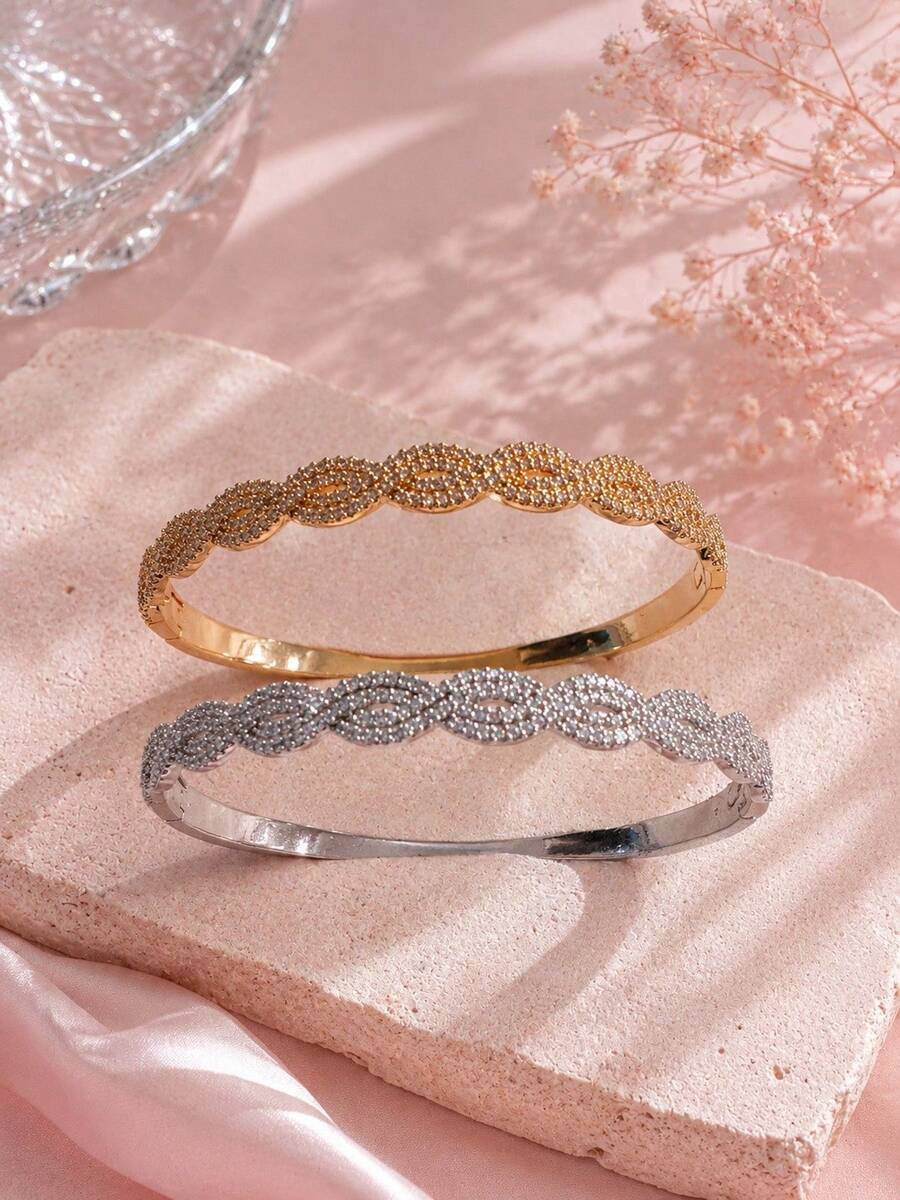 1 pieza Pulsera de moda para mujer con superficie curva cruzada súper brillante con cielo estrellado completo, brazalete de joyería de lujo ligero, exquisito, elegante y de alta gama con incrustaciones de circonita - S62959 - Ver 1