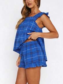 Women Summer Pajama Set Solid Flying Sleeve Tank Tops And Ruffle Shorts 2 Piece Casual Lounge Outfit - Blue - View 3
