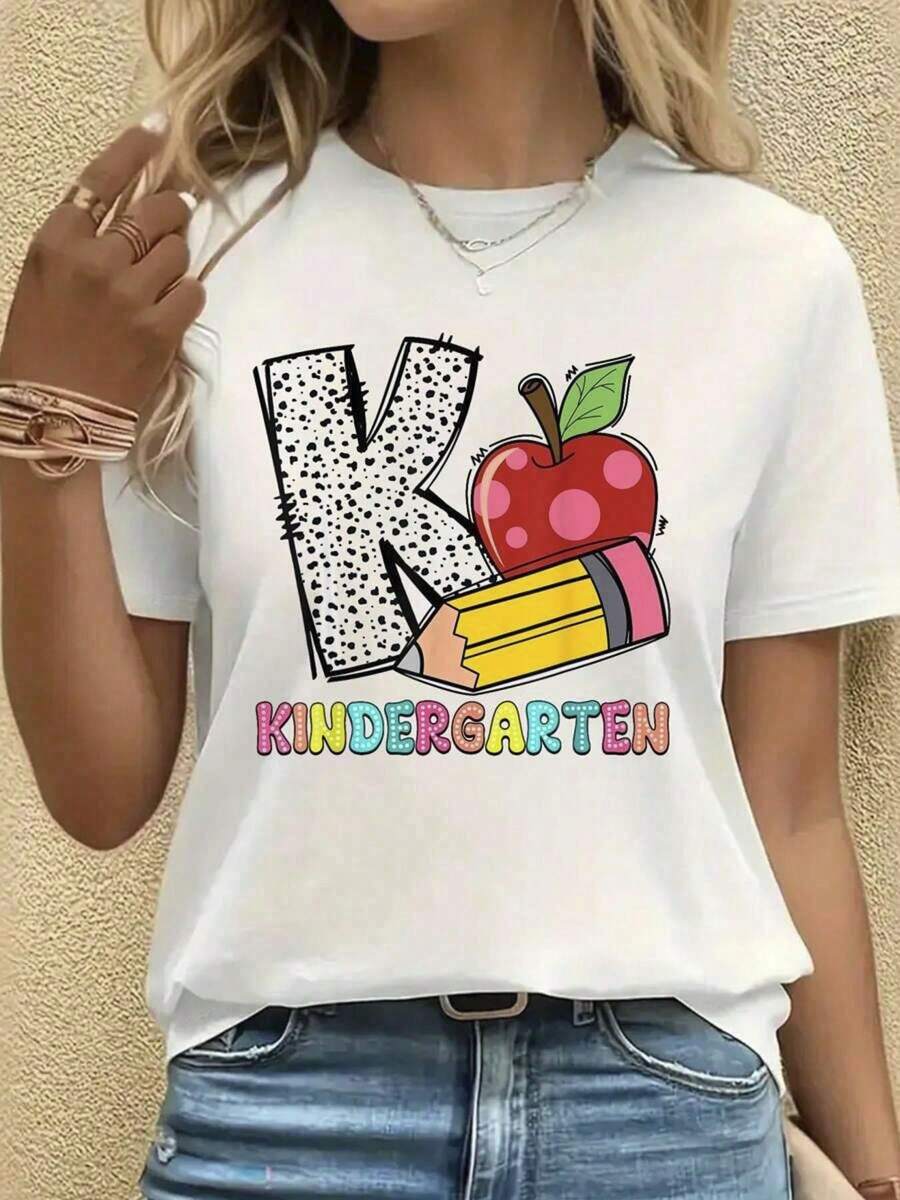 K Is For Kindergarten Teacher Coquette Bow Back To School White T-Shirt, Casual Crew Neck Short Sleeved Summer Top,White T-Shirt - 灰色 - 查看 1