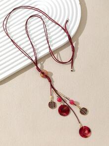 1 Collar De Cadena De Cuerda Encerada Con Placa Colorida Esmaltada En Forma De Y Con Cuentas Estilo Bohemio, Color Aleatorio - Burdeos - Ver 4