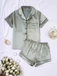 LuxeNights Satin Pajama Set With Contrast Trim - Black and White - View 1