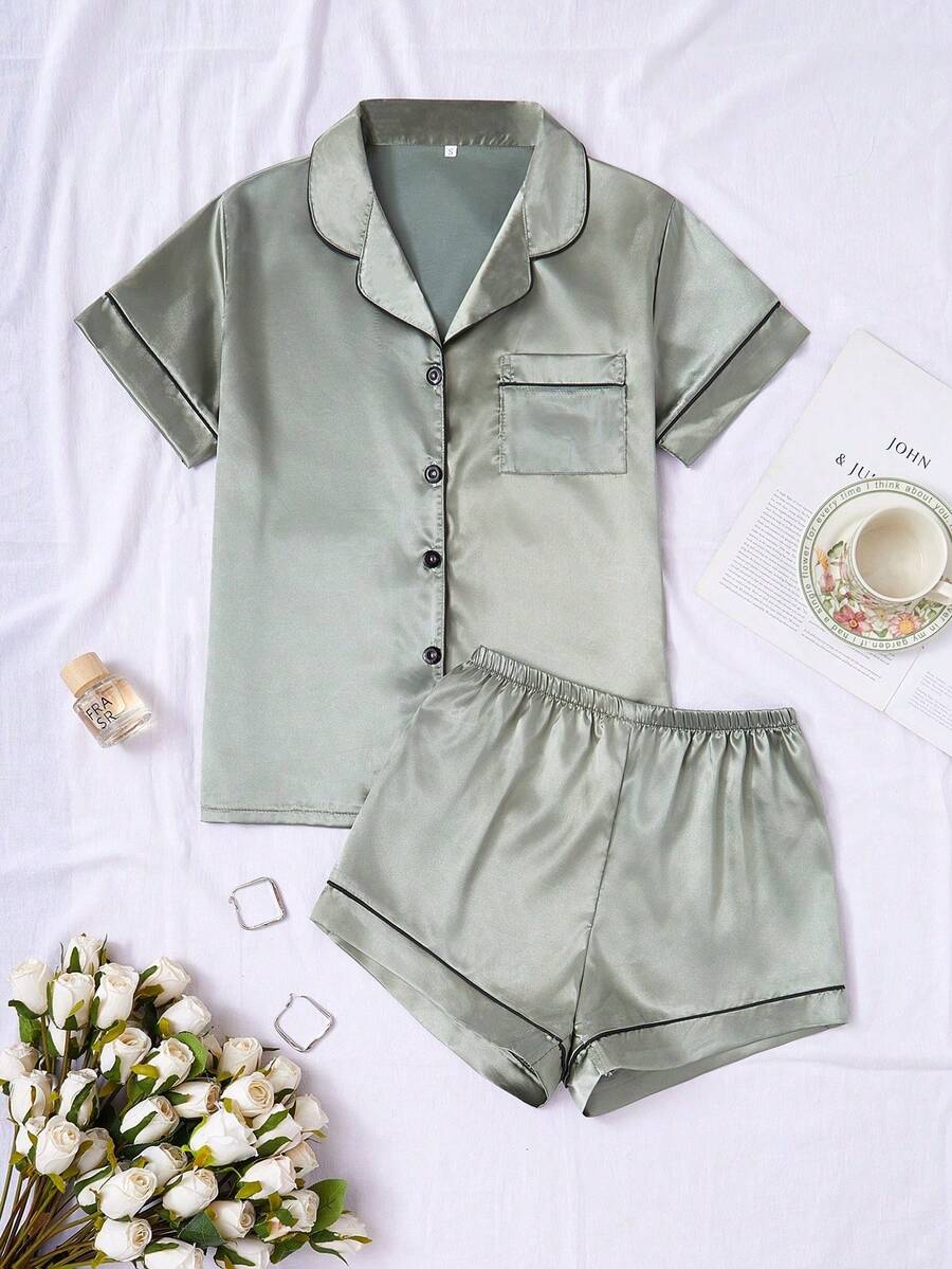 LuxeNights Satin Pajama Set With Contrast Trim - Black and White - View 1