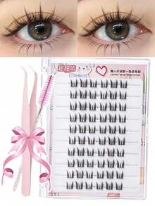 60pcs Cartoon Cat Ear Design Glue-Free Natural Style False Eyelashes, Manga Eyelashes, Fairy Eyelashes, Angel Eyelashes, Invisible Band Cluster Wild Cat Eyelashes, Cluster False Eyelashes, Suitable For Travel, Beach Vacation, Camping, Suitable For Eyelash Extension, Suitable For Slouchy People, Beauty Bloggers, Wedding Gifts, Mother's Day Gifts - View 1