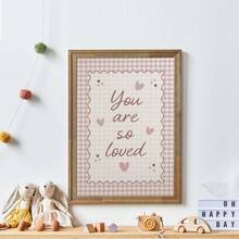 1pc Framed Canvas Baby Nursery Wall Art Decor, "You Are So Loved" Children's Artwork, Soft Pink Plaid Background With Heart And Wave Border, Bohemian Style Baby Girl Nursery Decor, Ready To Hang Framed Painting, Suitable For Toddler Bedroom, Playroom, Classroom, Baby Shower Gift, Little Baby Gift, Love And Affirmation Themed Artwork, Soft Pastel Color Palette Aesthetic, Modern Whimsical Style Children's Room Accent Decor - Multicolor - View 5