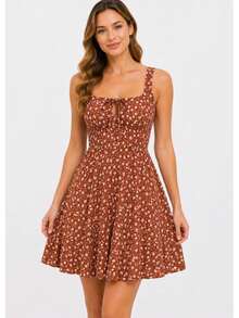 Women's Short Floral Dress With Wide Straps, Fitted Waist, Lightweight, Casual - 棕色磁磚 - 查看 3