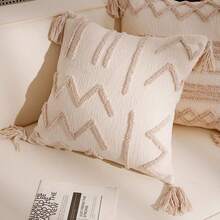1pc Geometric Striped Embroidered Pillow Case, Minimalist Ins Style Polyester Chenille Fabric Loop Yarn Embroidered Pillow Case For Living Room Bedroom Sofa Car Pillow Replacement Cover Home Decor - Beige Waves - View 5