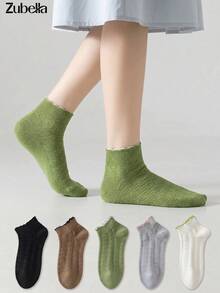 5 Pairs Women's Classic Solid Short Socks Ruffled Socks, Skin-Friendly Soft Breathable Versatile Ankle Socks, Suitable For All Seasons Daily Wear - Multicolor - View 4