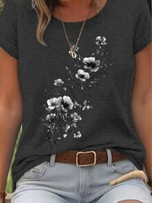 Elegant Watercolor Floral Print T-Shirt + Short Sleeves + Round Neck + Casual Spring And Summer Clothing For Women - 深灰色 - 查看 1