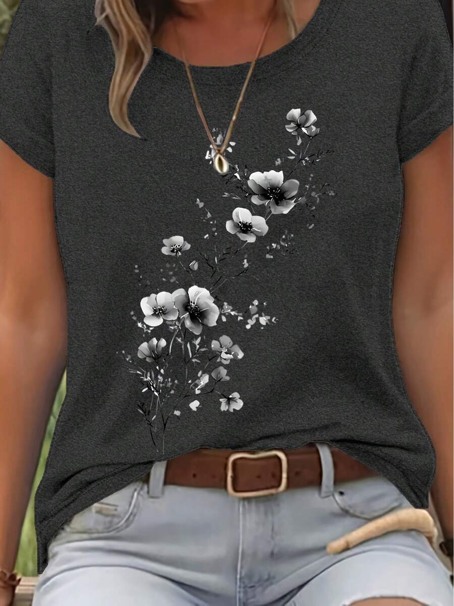 Elegant Watercolor Floral Print T-Shirt + Short Sleeves + Round Neck + Casual Spring And Summer Clothing For Women - 深灰色 - 查看 1