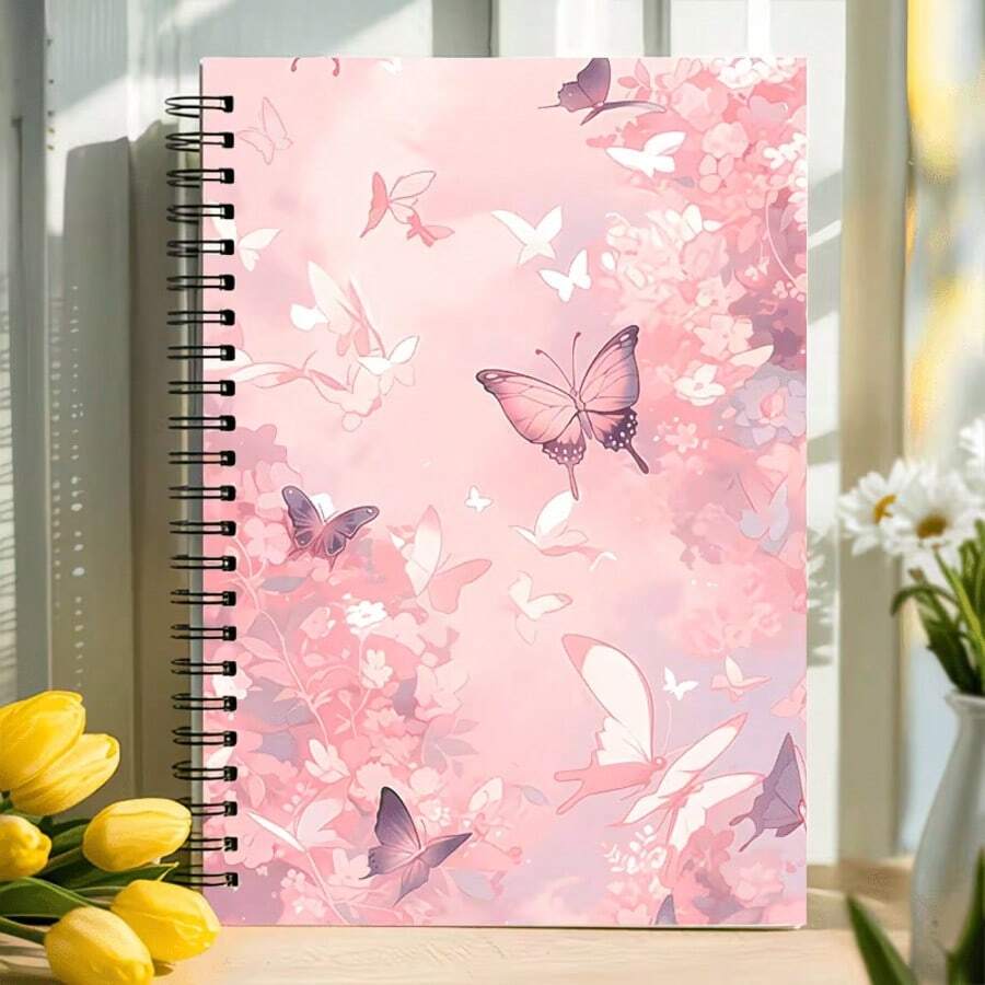Pink Butterfly Theme Spiral Notebook, High-Quality College Ruled Paper, Suitable For School, Office Use, Or As A Gift For Friends, Family, Teachers And Students. Writing Notebook, School Notebook, Decorative Journal, Butterfly Design School Supplies - F - View 1