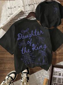 'The King's Daughter' Graphic T-Shirt, Women's Faith Clothing With Biblical Aesthetics, Casual Short Sleeve T-Shirt With Round Neck And Printed Text On The Back For Summer EFZ5 - 黑色 - 查看 1
