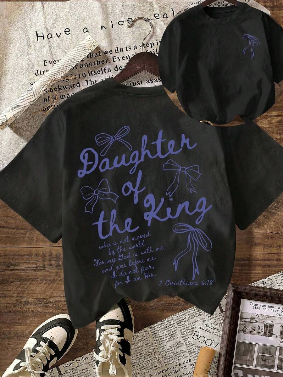 'The King's Daughter' Graphic T-Shirt, Women's Faith Clothing With Biblical Aesthetics, Casual Short Sleeve T-Shirt With Round Neck And Printed Text On The Back For Summer EFZ5 - 黑色 - 查看 1