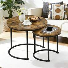 2pcs Coffee Table Set, Round Nesting Coffee Table Set - Industrial Wood Grain Side Tables For Living Room Bedroom Balcony - Wood Color - View 1