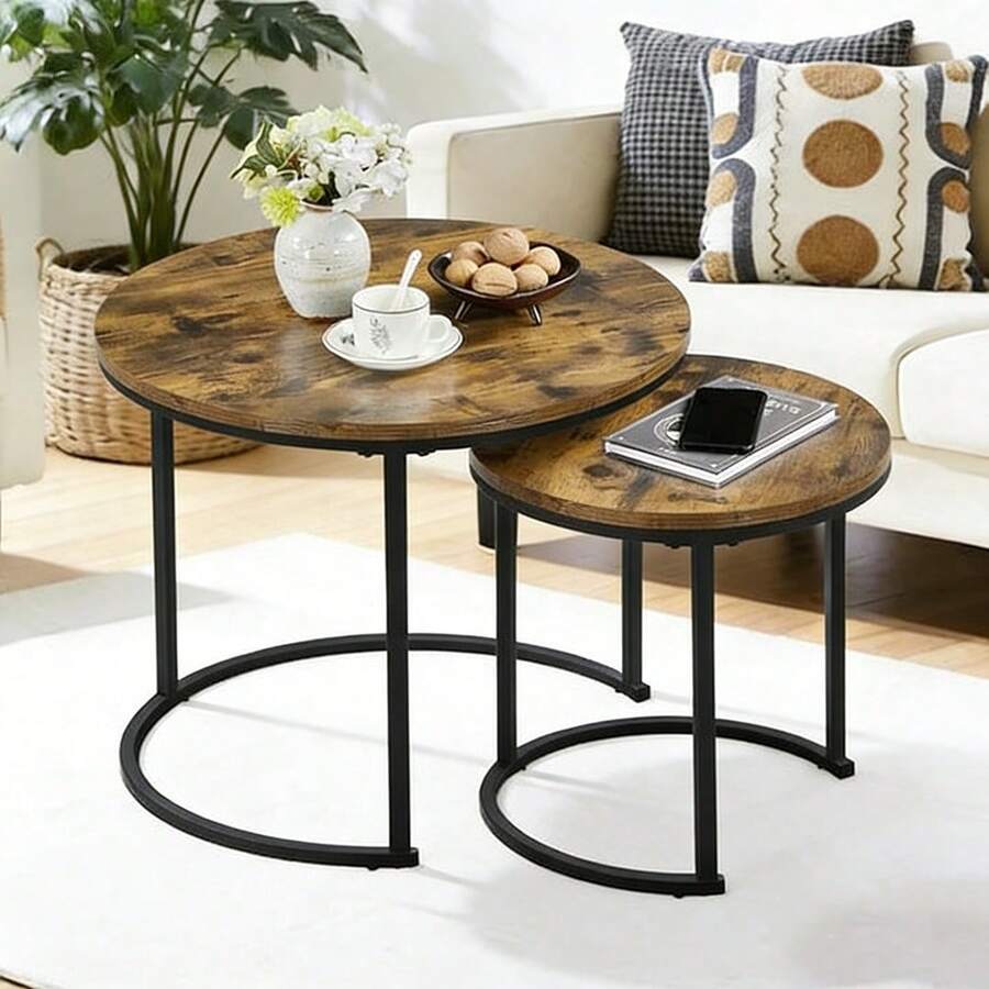 2pcs Coffee Table Set, Round Nesting Coffee Table Set - Industrial Wood Grain Side Tables For Living Room Bedroom Balcony - Wood Color - View 1