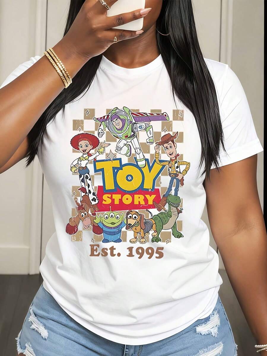 Disney Toy Story Characters And Text Print T Shirt For Casual Wear Retro Style - 白色 - 查看 1