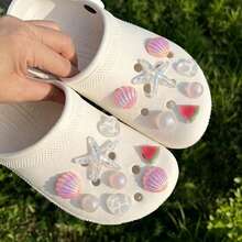 15pcs Resin Starfish Shell Pearl Series DIY Crocodile Charm Clog Shoe Accessories For Cross - Pink - View 3