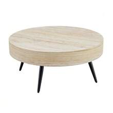 Round Coffee Table, 70 Cm In Diameter, Made Of Light Travertine-Effect MDF, With Black Metal Legs. Minimalist Design, Ideal For Living Rooms And Small Spaces. - 米色 - 查看 8