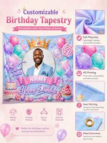 1件客製化生日牆飾掛毯，公主皇冠糖果氣球派對背景布，可客製照片與姓名橫幅，馬卡龍粉藍色兒童家庭慶祝生日裝飾，聚酯纖維背景布附金屬孔眼 - 彩色 - 查看 7