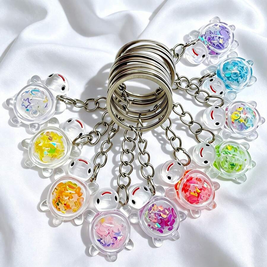 Multi-Color Glow-In-The-Dark Sequin Little Turtle Keychain Ring, Cute Cartoon Acrylic Pendant, Couple & Student Bag Accessory, Small Gift, Car Key Fob Accessory, Random Style - Multicolor - View 1