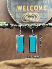1 Set / Western Vintage Style Jewelry Set, 1 Pair Rectangular Faux Turquoise Earrings And Double Layer Necklace, Rugged And Eye-Catching Overall Style, Full Of American Western Wilderness Texture, Highly Compatible With Cowboy Style, American Vintage Hot Girl Style, And Western Cargo Style Style. - Bohemian Style - View 5