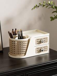 Retro Rattan Style Rotating Pen Holder With Drawers, Multi-Functional Desk Organizer For Stationery, Cosmetics & Small Accessories, Ideal For Office, Bedroom & Home Use - View 2