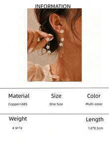 1 Pair Elegant White Flower Pearl Long Tassel Drop Earrings For Women, Gold Long Chain Pendant Earrings, Sweet Floral Jewelry, Suitable For Party, Wedding, Summer Vacation, Daily Wear - Multicolor - View 8