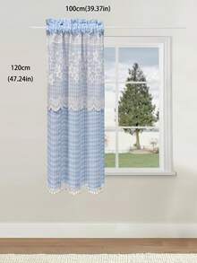 1pc Plaid Pattern Kitchen Short Curtain With Lace Trim And Pom Pom Decoration, Rod Pocket Top (Curtain Rod Not Included) Cabinet Curtain, American Country Pastoral Style Half Curtain, Suitable For Kitchen, Cafe, Bedroom And Other Decor - Blue - View 12