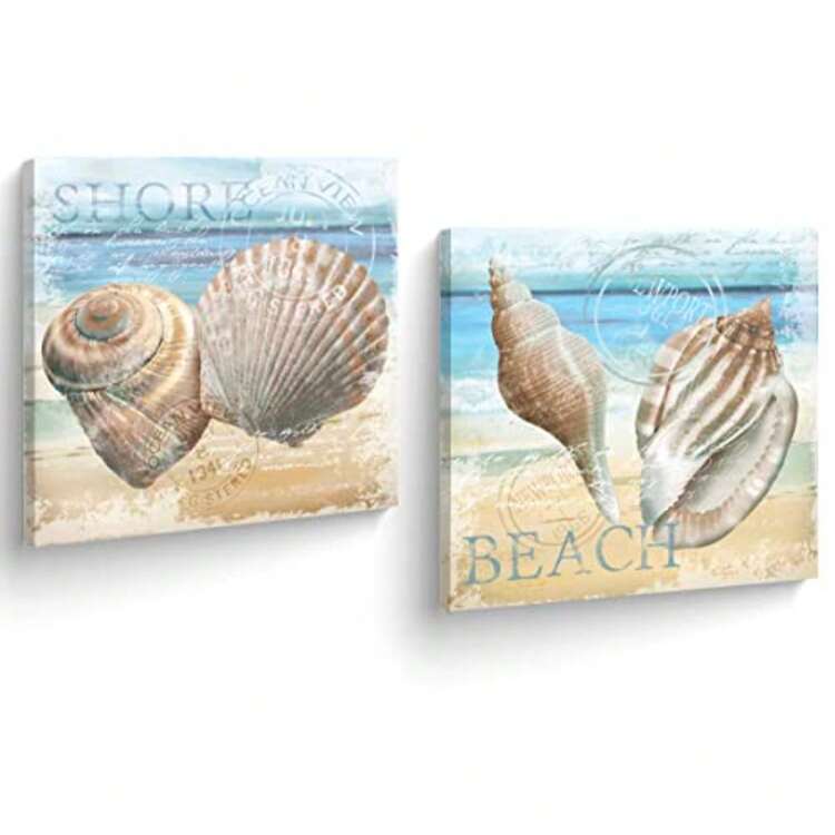 Arte Cubiko Set de 2 cuadros veleros decoración de playa canvas impreso - caracoles azul mar - Añade 8