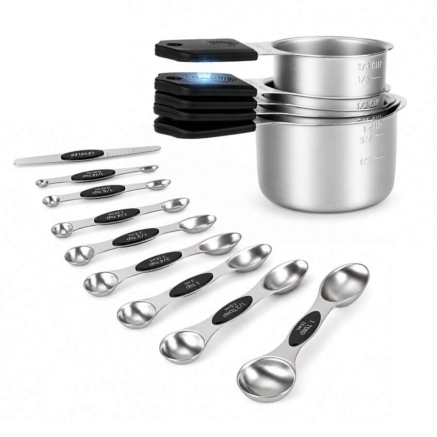 Magnetic Measuring Cups & Spoons Set, 16-Piece Heavy Duty Stainless Steel Measuring Cups & Double-Sided Spoons With Leveler, Nesting Kitchen Measuring Tools Fits In Spice Jars For Cooking & Baking - Silver - View 1