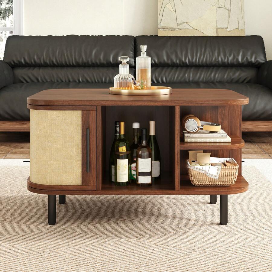 Coffee Table, Side Table, Curved Shape, Woven Surface, MDF Body, Metal Handles, Metal Legs, Storage Space, Living Room Table - Walnut Wood Color - View 1
